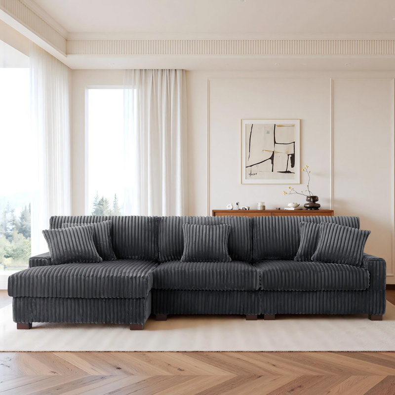 3 - Piece Upholstered Gray Faux Rabbit Fur Flannel Modular Sectional Sofa with Armrests & Throw Pillows