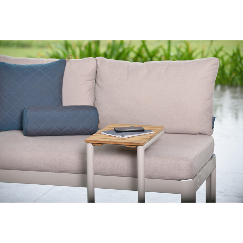LifestyleGarden Moorea Aluminum and FSC Teak Outdoor Patio Coral Sand C-shape Side Table, Cream