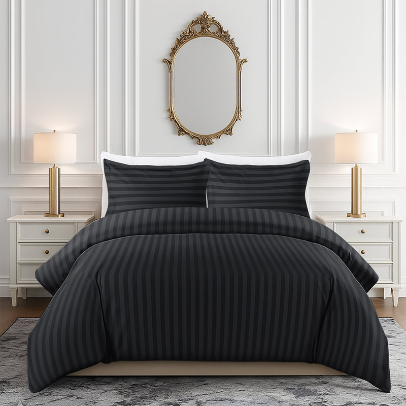 Microfiber Striped Duvet Cover Set with Matching Pillowcases and Stripe Fitted Sheet, Black