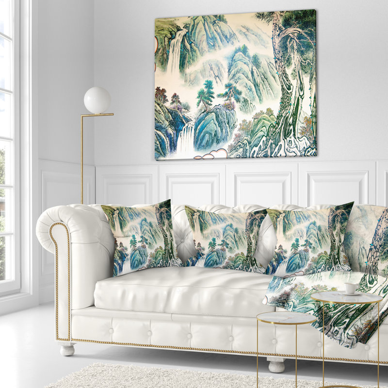 Paysage chinois bleu - coussin à imprimé floral, 16 po x 1 po, Coussin décoratif