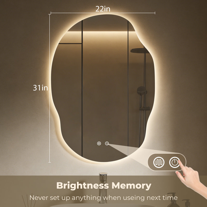 Asymmetrical LED Backlit Frameless Mirror with Anti-Fog, 3 Color Dimmable Light, 22"x31"