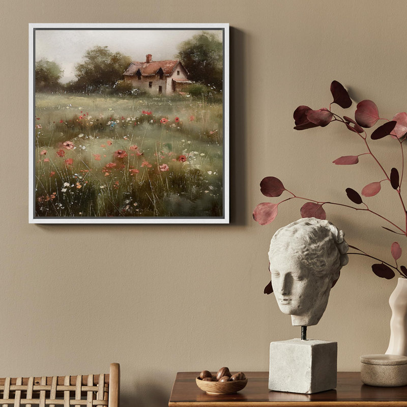 "Vintage Pastorale Solitude Cottage au milieu d'illustrations de fleurs sauvages champêtre français rustique", Blanc