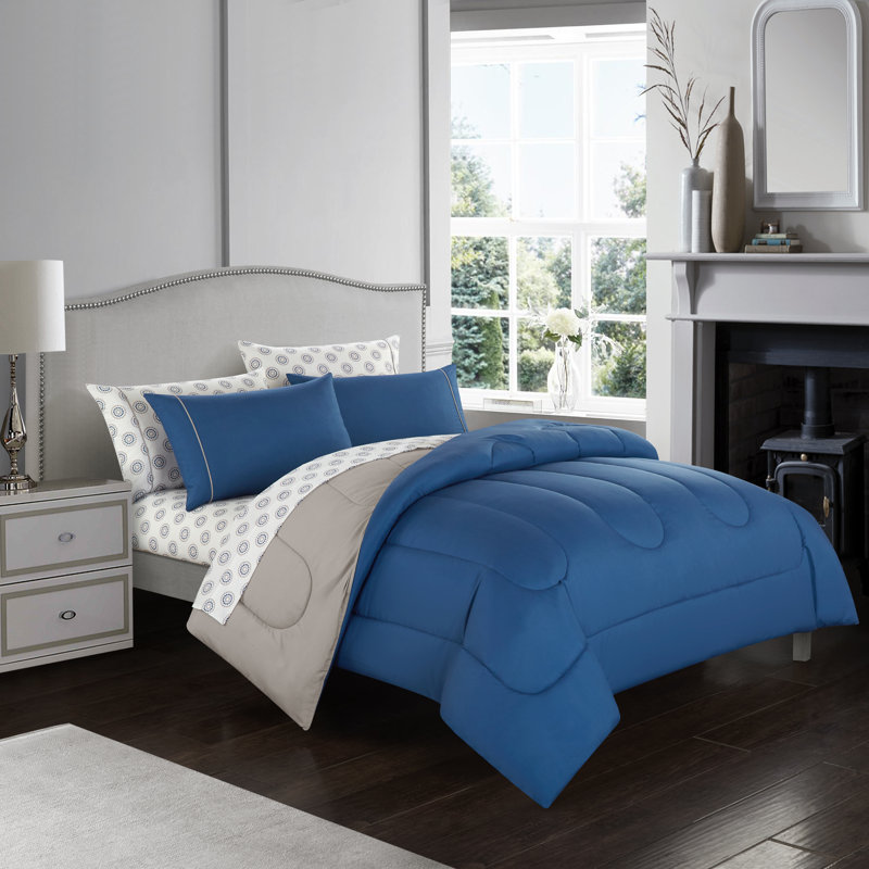 Ensemble d'édredon réversible en microfibre réversible 7 pièces, Édredon de très grande taille et 6 pièces suppl, bleu