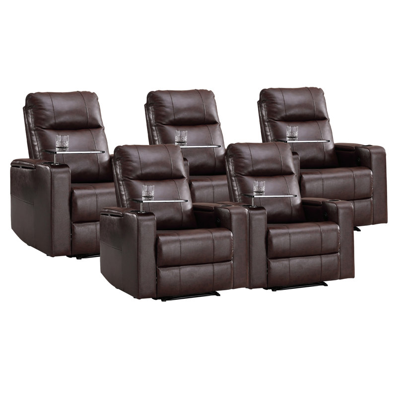 33.1'' Wide Modern Faux Leather Power Reclining Home Theater Individual Seat with Cup Holders (Set of 5), Brown