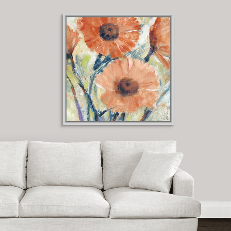 «Flowers in Bloom II», peinture sur toile, H 31,7 po x l 31,7 po x P 1,75 po, Cadre flottant blanc