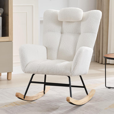 Chaise berçante de chambre de bébé avec velours en peluche, dossier haut, poches latérales, structure en bois renforcé et support de 250 lb