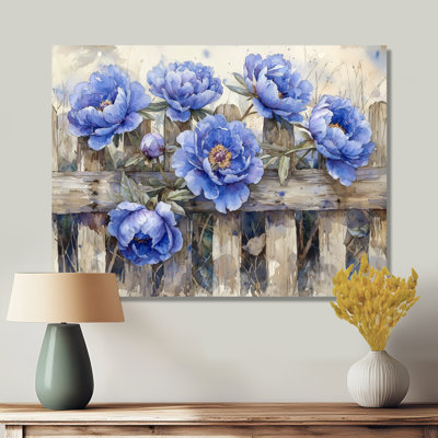 Blue Peonies By The Fence II - Traditional Metal Art Print, Peonies Metal Wall Decor