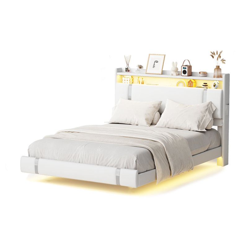 Komor Upholstered Storage Bed with Charging Station and LED Lights, White, Queen