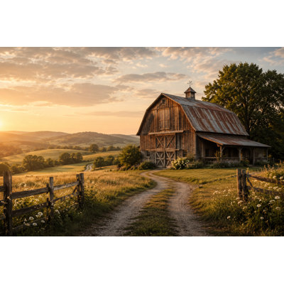 «Barn Road at Golden Hour», art de campagne sur toile tendue