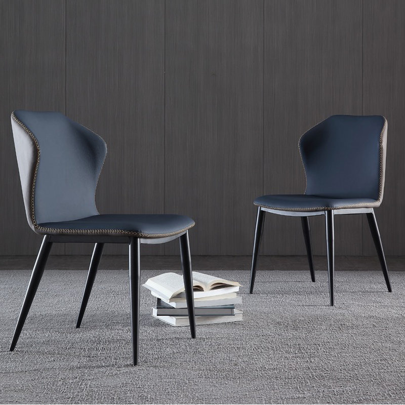 Katine Modern Dining Side Chair, Cipri Leather Upholstery, Carbon Steel Legs, Dark Blue and Gray,