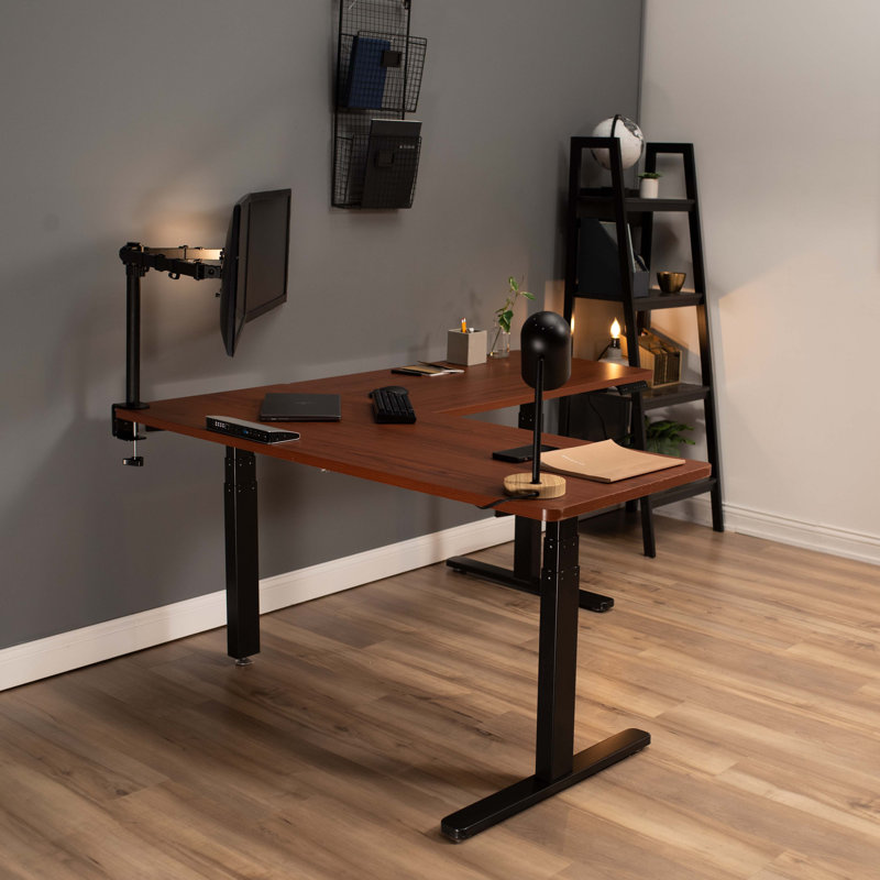 Bureau électrique en L 67 po x 60 po, série 3E6B, Noyer foncé / noir