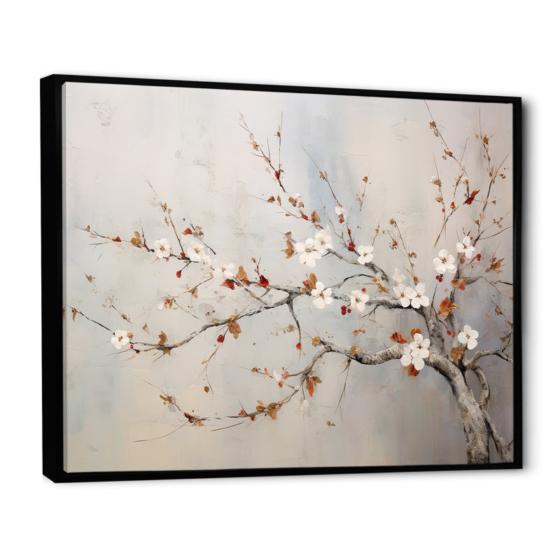 Minimalisme sur fond de cerisier beige et gris sur toile, Cadre flottant noir, 16" H x 32" W