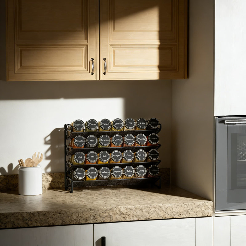 Ensemble complet de rangement à épices avec 28 pots en verre, 386 étiquettes, entonnoir et marqueur à craie - support à 4 niveaux pour armoire, comptoir, garde-manger ou fixation murale