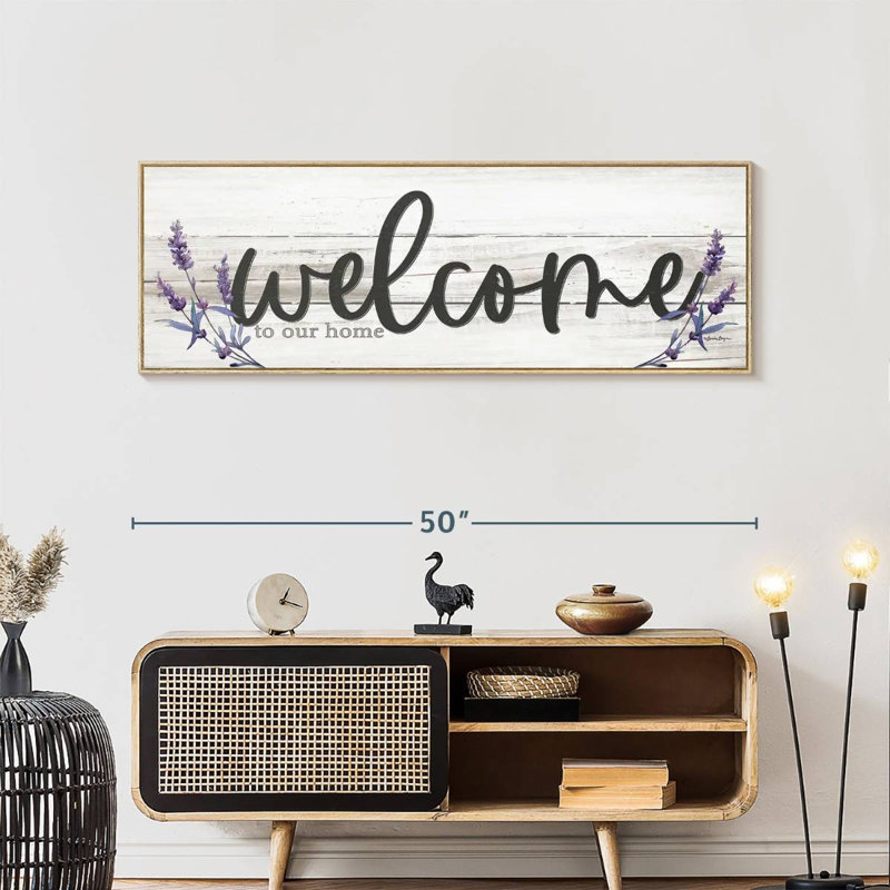 Plaque murale "Welcome to our home" lavande, Cadre flottant en bois naturel, 49 po x 17 po