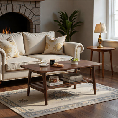 Wooden Coffee Table with Storage Shelf, Mid-Century Rectangular Center Table for Living Room