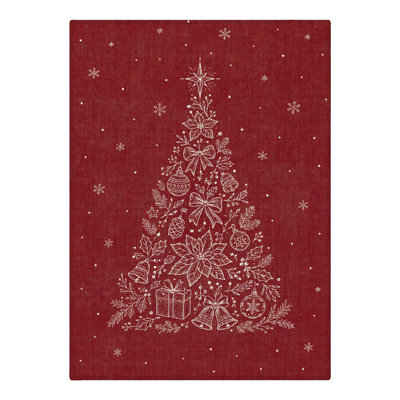 Tapis de salle à manger lavable à poils courts, motif floral rouge et blanc, avec pomme de pin et nœud, idéal pour Noël.