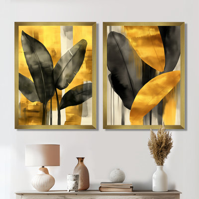 Feuille de bananier dans un air doré I - Décoration murale en eucalyptus pour salon (paquet de 2)
