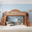 Lit mezzanine double en bois massif noyer avec glissade, escalier de rangement, armoire intégrée et barrière de sécurité pleine longueur pour enfants et adolescents