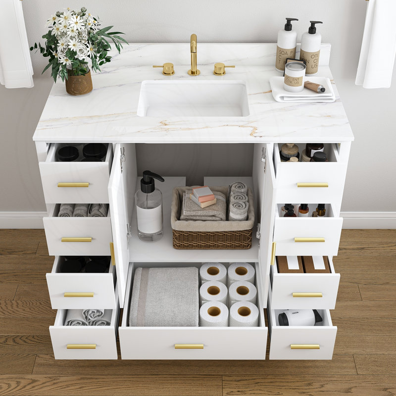 Meuble-lavabo moderne en bois massif de 42 po avec comptoir en pierre frittée et 9 tiroirs, White, Widespread