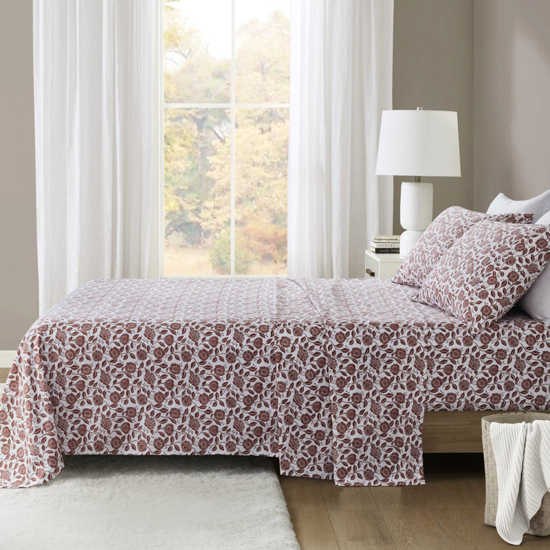 100% flanelle de coton 4 pièces drap complet rouille taille florale de luxe pour matelas de 18 po de hauteur doux brossé confort ajusté pré-rétréci comprend 2 taies d'oreiller plates