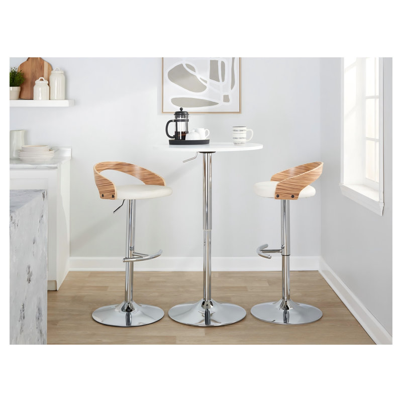 Ensemble de 3 tabourets de bar pivotants à hauteur réglable, de couleur naturelle et blanche, avec base chromée et revêtement en cuir PU.