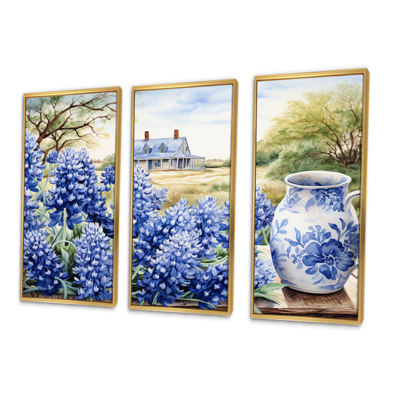 «Blue Bonnets Farmhouse Still Life - Blue Bonnets», ensemble d'art mural, Cadre flottant doré, H 40 po x l 60 po x P 1 po