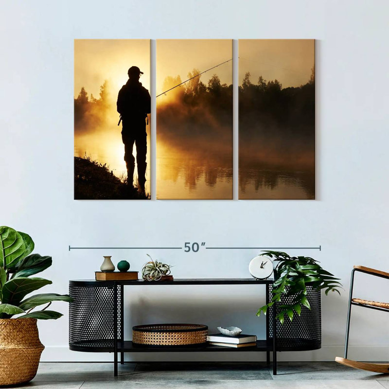 «Foggy Riverbank Fishing», 3 pièces sur toile, H 32 po x l 50 po x P 1,25 po