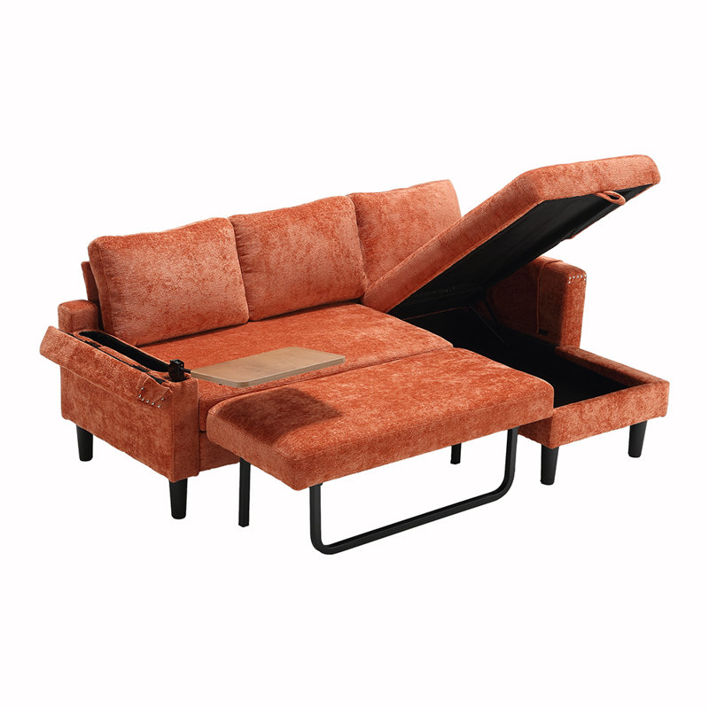 Sectional Sofa Reversible Sectional Sleeper Sectional Sofa with Storage Chaise, Orange Chenille