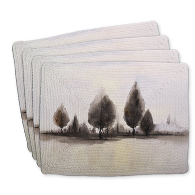 Ensemble de 4 napperons en polyester tressé - décor de paysage d'arbres