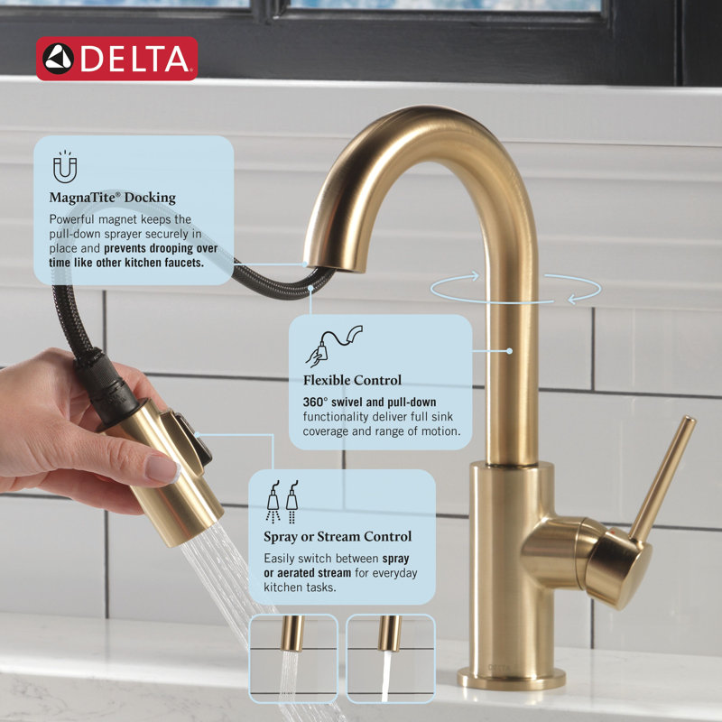 Trinsic Brushed Gold Bar Sink Faucet with Pull Down Sprayer, Modern Single Hole Prep Sink Faucet, Single Handle, Champagne Bronze