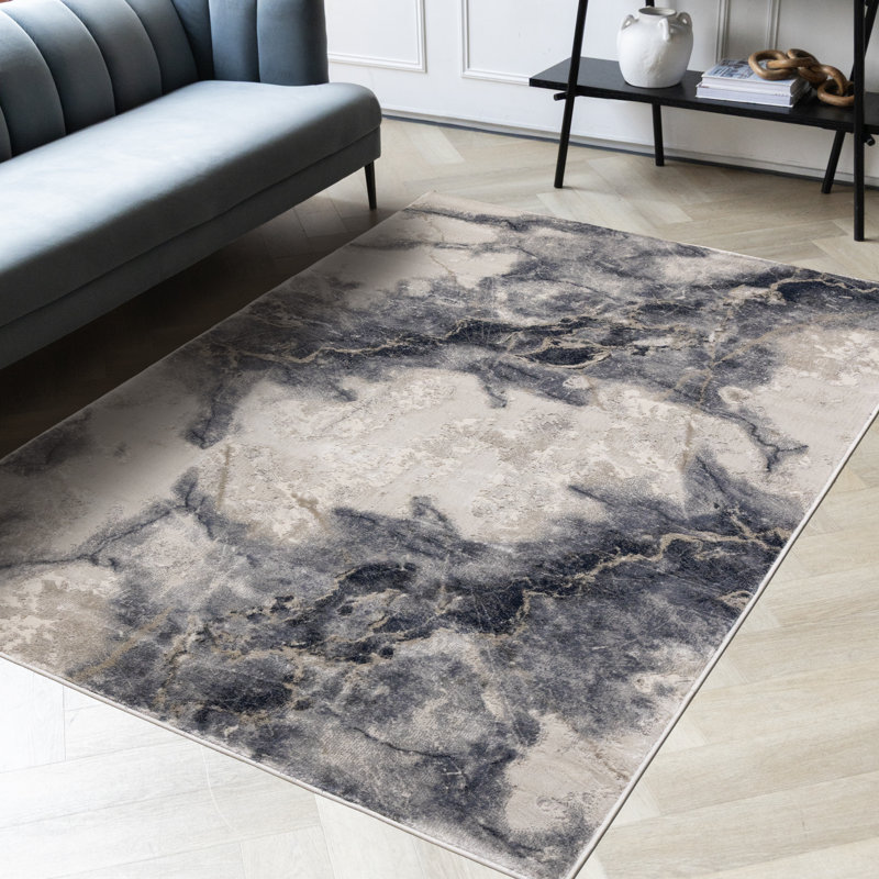 Abstract Blue Taupe Ivory Stain Resistant Indoor Area Rug, Rectangle 2' x 3'7"