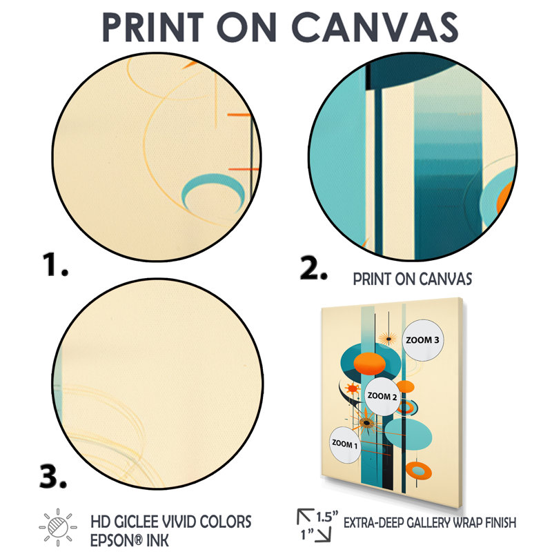 «Geometric Balance Blue Circular - Midcentury», art mural, H 20 po x l 12 po x P 1 po, Toile avec cadre flottant noir