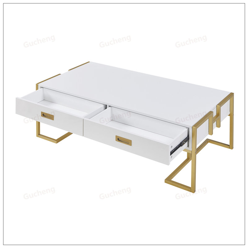 Table basse moderne moderne avec 4 tiroirs et base dorée, parfaite pour le rangement élégant et la décoration dans n'importe quel salon.