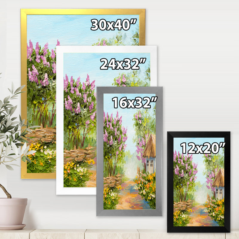 «Little House in the Blossoming Forest», peinture sur toile, Cadre photo blanc, H 32 po x l 16 po x P 1 po