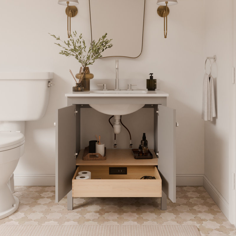 Meuble-lavabo simple festonné 30 po - gris clair - avec plateau - boutons en nickel brossé, Blanc / nickel brossé, 30"