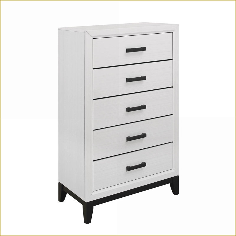 Commodes et amp; Armoire, commode blanche moderne à 5 tiroirs avec quincaillerie noire Mirage | Blanc | Bois massif et panneau de fibres à densité moyenne