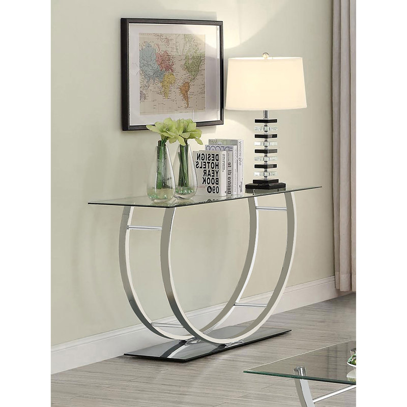 Console Garrett avec plateau en verre chromé - table d'appoint moderne avec cadre chromé réfléchissant