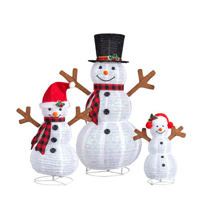 Set Of 3 Lighted Snowman Family Outdoor Decor, 4FT 3FT 2FT Pre-Lit Pull-Up Snowmen With 270 Warm White Leds, For Yard, Garden, And Indoor Christmas Displays