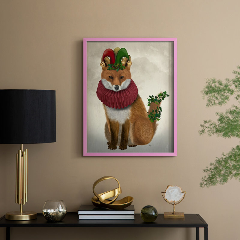 «Christmas Holly and Ivy Fox», reproduction encadrée - bois massif, Rose, H 11 po x l 9 po