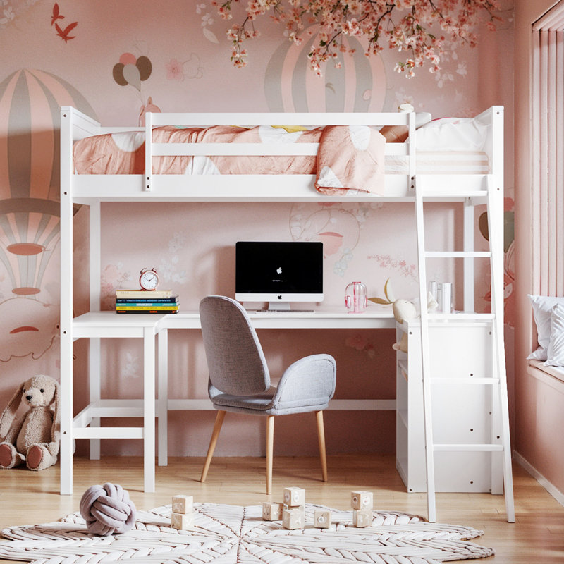 Lit mezzanine simple avec tablettes et bureau