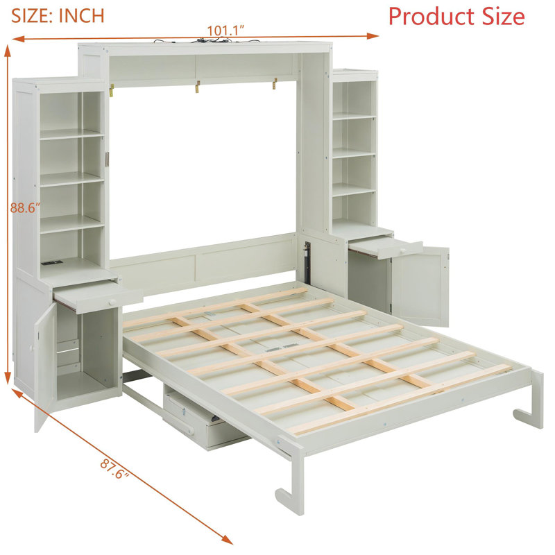 Grand lit escamotable avec bureau et rangement, lit mural en bois peu encombrant avec armoires et tiroirs - blanc / espresso