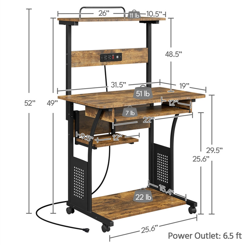 Ulloa Metal Base Computer Desk with Power Outlet, Rustic Brown/Black