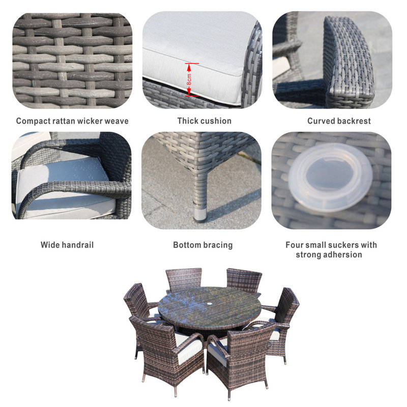 Brown 7-Piece Wicker Patio Dining Set with Round Table and Cushioned Seating, Brown/Beige