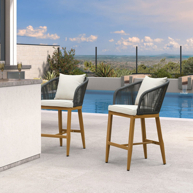 Tabourets de bar modernes de patio en rotin et aluminium PURPLE LEAF, haut dossier et accoudoirs, coussins et oreillers amovibles