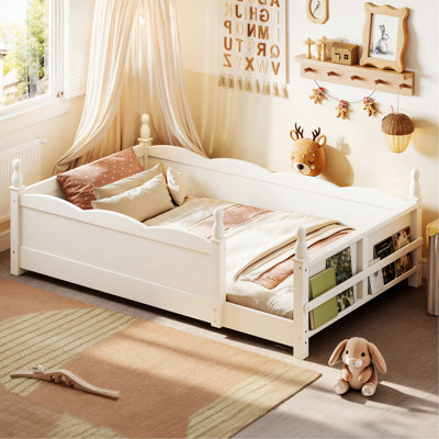 Lit au sol avec barrières de sécurité pleine longueur, cadre de lit avec tablette, cadre de lit pour chambre d'amis, maison, chambre à coucher