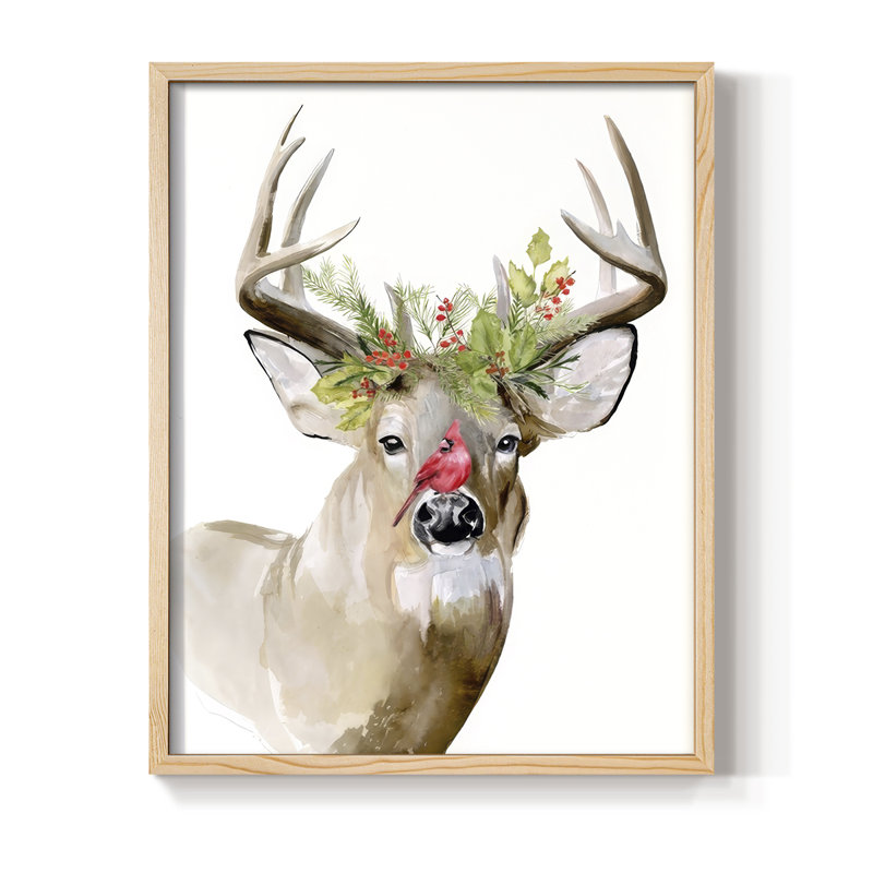 «Holiday Deer II», reproduction encadrée - bois massif, Encadré naturel, H 11 po x l 9 po