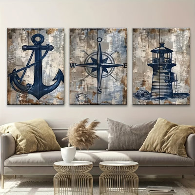 «Rustic Nautical Anchor», reproduction sur toile 3 pièces - Coastal Living Space