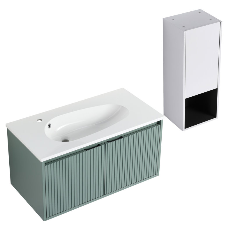 Meuble-lavabo de salle de bain 36 po avec lavabo en résine en forme de goutte et tablette latérale, blanc, compartiment de finition en contreplaqué à fermeture douce moderne