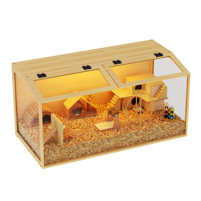 Modern Wooden Hamster Habitat with Tempered Glass Panels & LED Lighting, Premium Small Animal Cage for Hamsters, Gerbils and Mice
