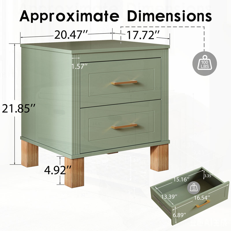 Table de chevet 2 tiroirs, rangement en bois de qualité supérieure avec design cannelé élégant, pieds en bois massif et poignée en métal, grande table de chevet pour la chambre à coucher et le salon